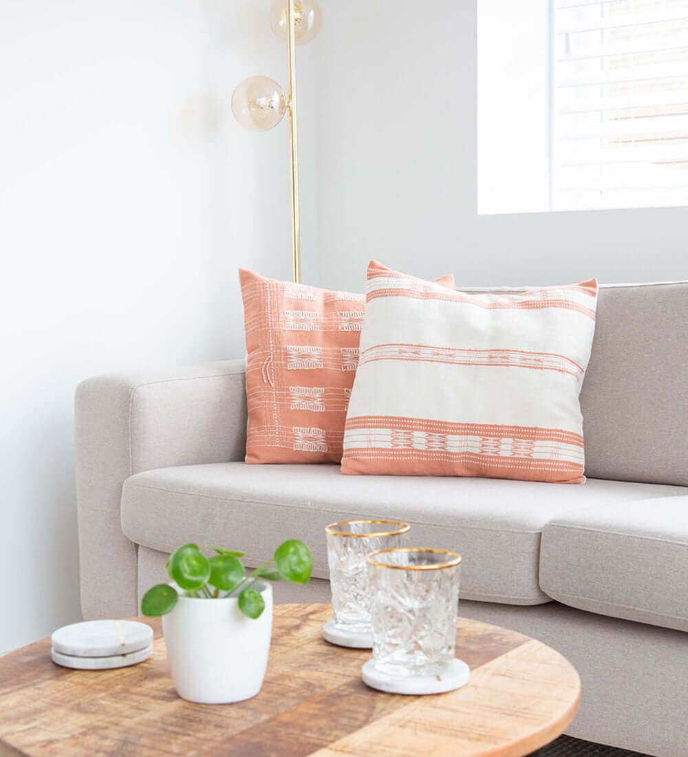 two cushions placed on a sofa