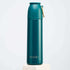 A teal stainless steel thermos flask featuring a stylish gold handle, perfect for hydration on the go.