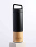 A black and bamboo water bottle featuring a handle, showcasing a blend of modern and natural design elements.