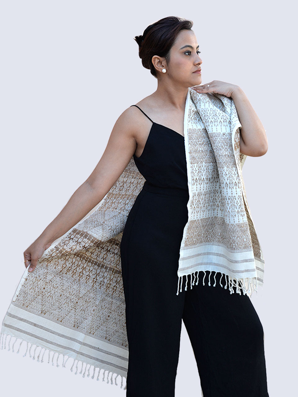 Tribal Tusker - Pure Eri Silk Stole with Beige and Golden Muga Patterns