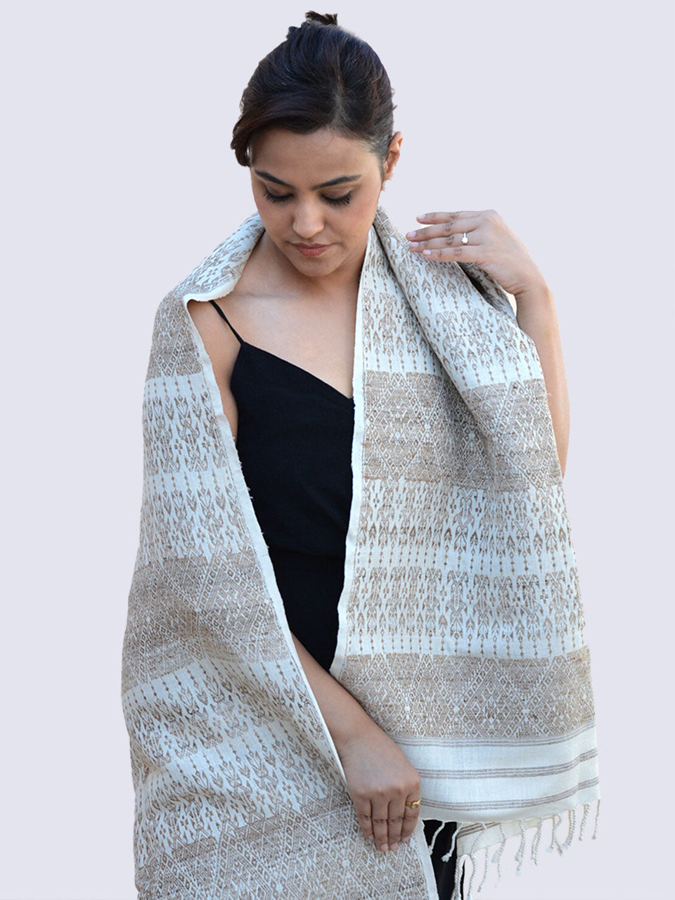 Tribal Tusker - Pure Eri Silk Stole with Beige and Golden Muga Patterns