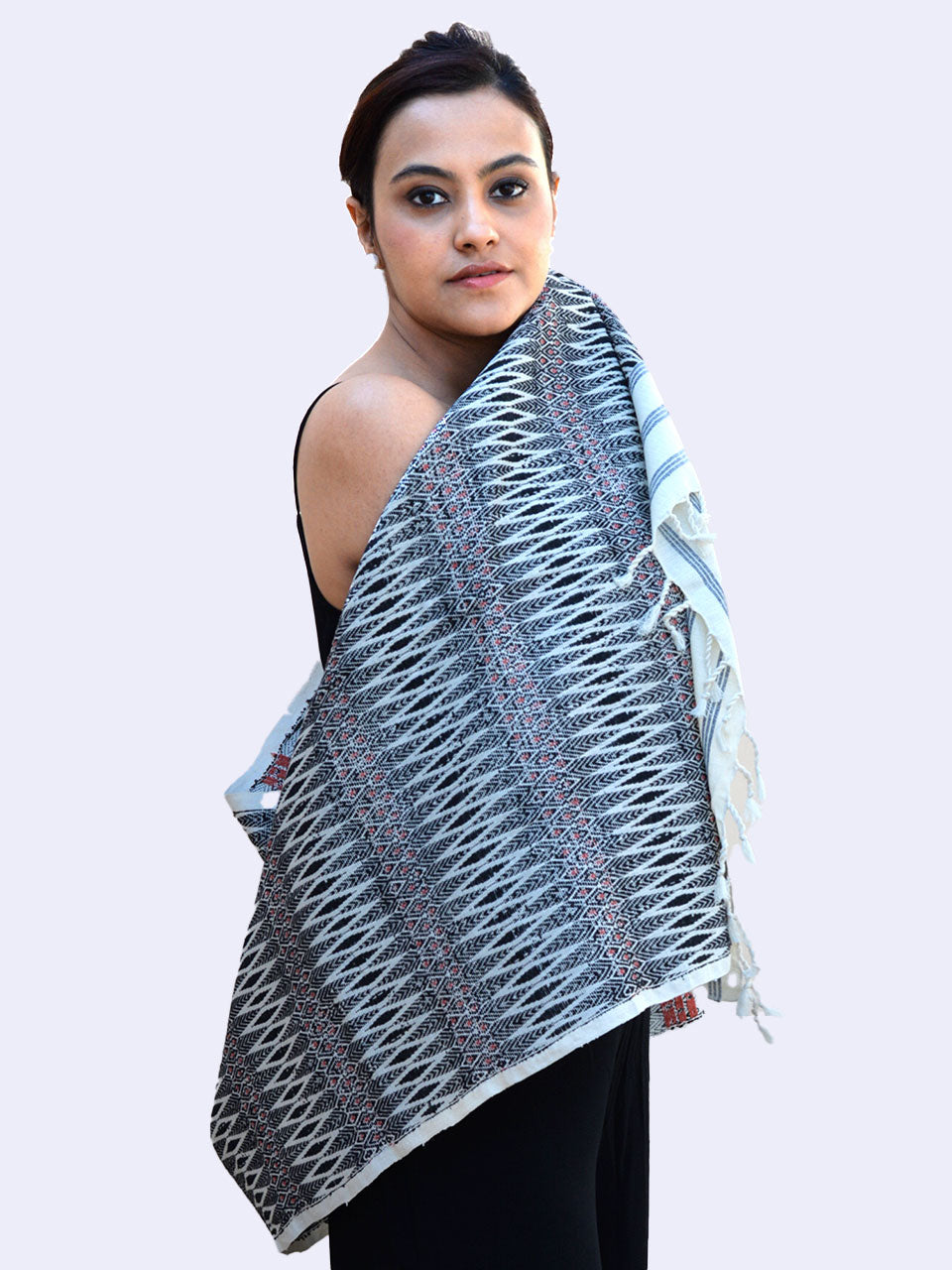 Tribal Tusker - Pure Eri Silk Stole with Black and Red Muga Patterns