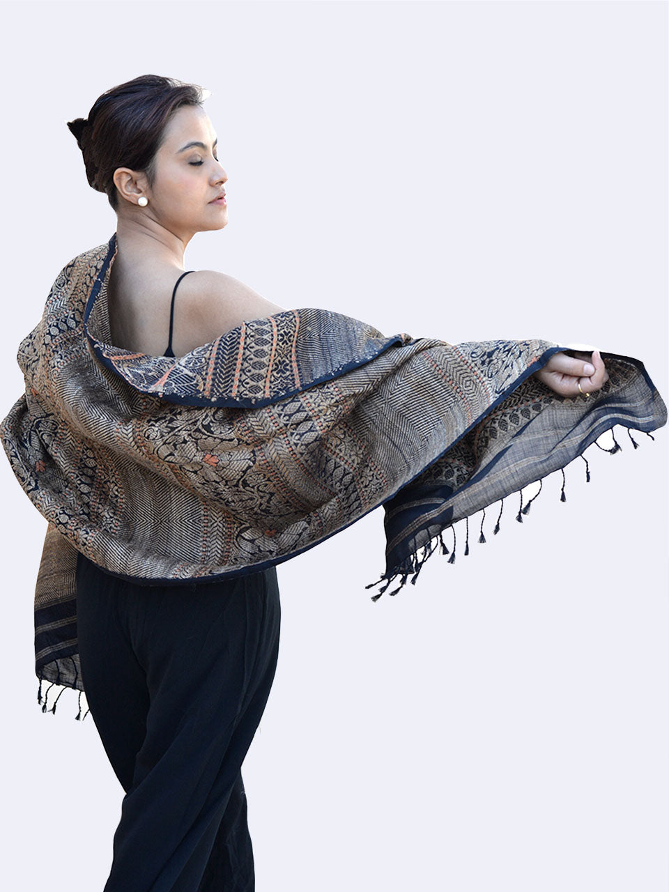 Tribal Tusker - Pure Mulberry Silk Stole with Golden Muga Patterns