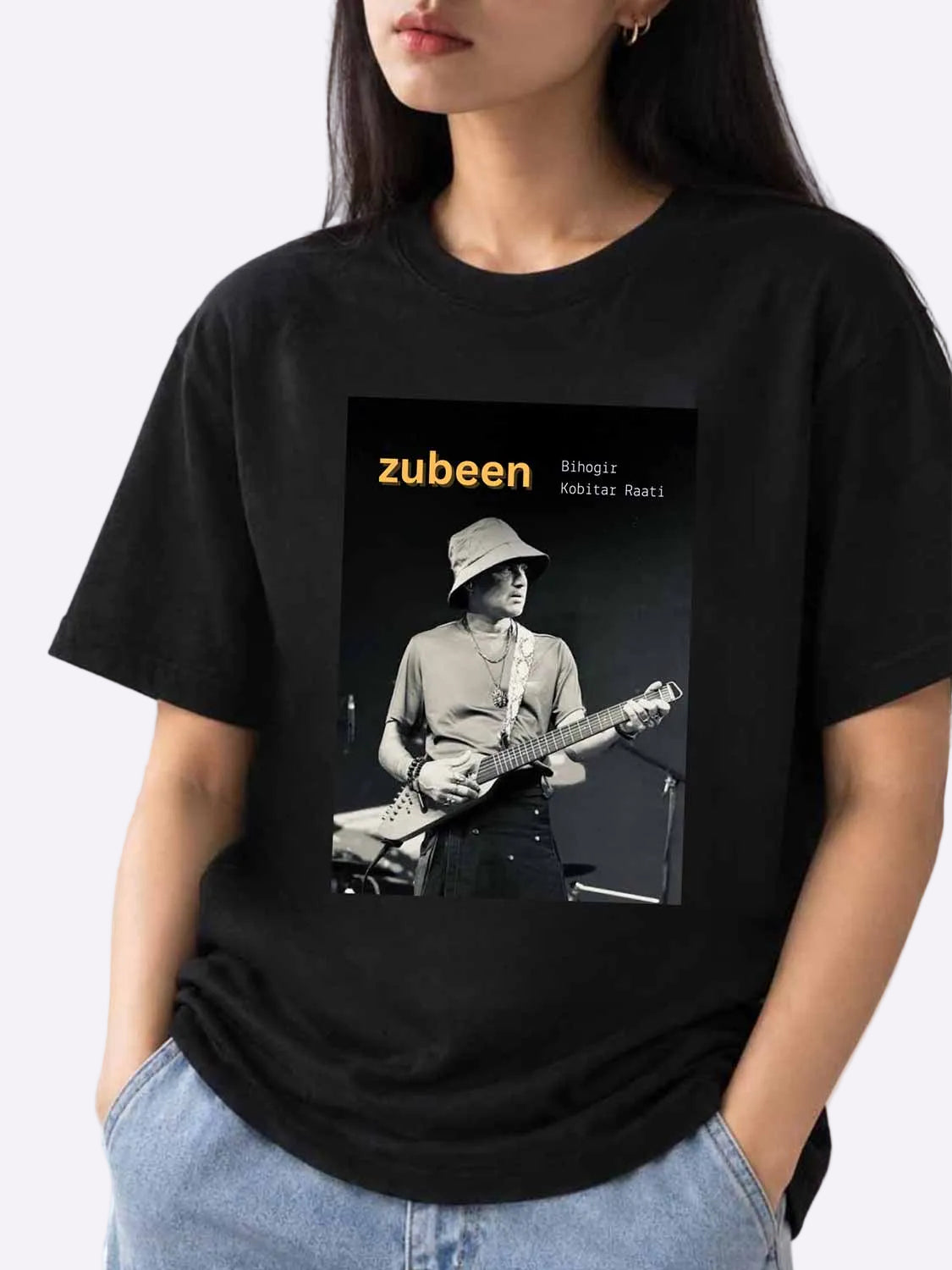 Zubeen Garg “Bihogir Kobitar Raati” graphic T-shirt in black cotton, view 2 – Dzukou