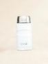 White thermos with silver lid on a beige background