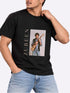 A man wearing a black graphic t-shirt with a photo print of Zubeen and the name &