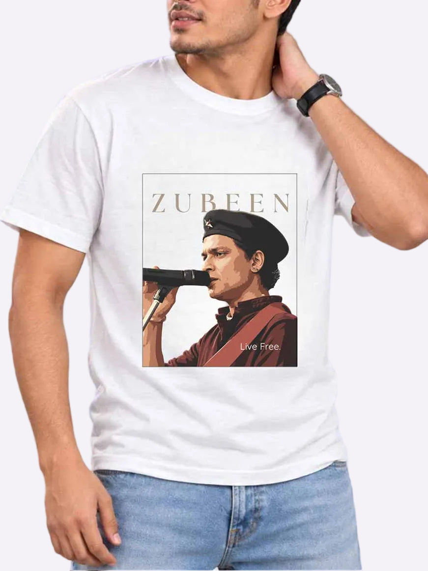 A man wearing a white graphic t-shirt with a &