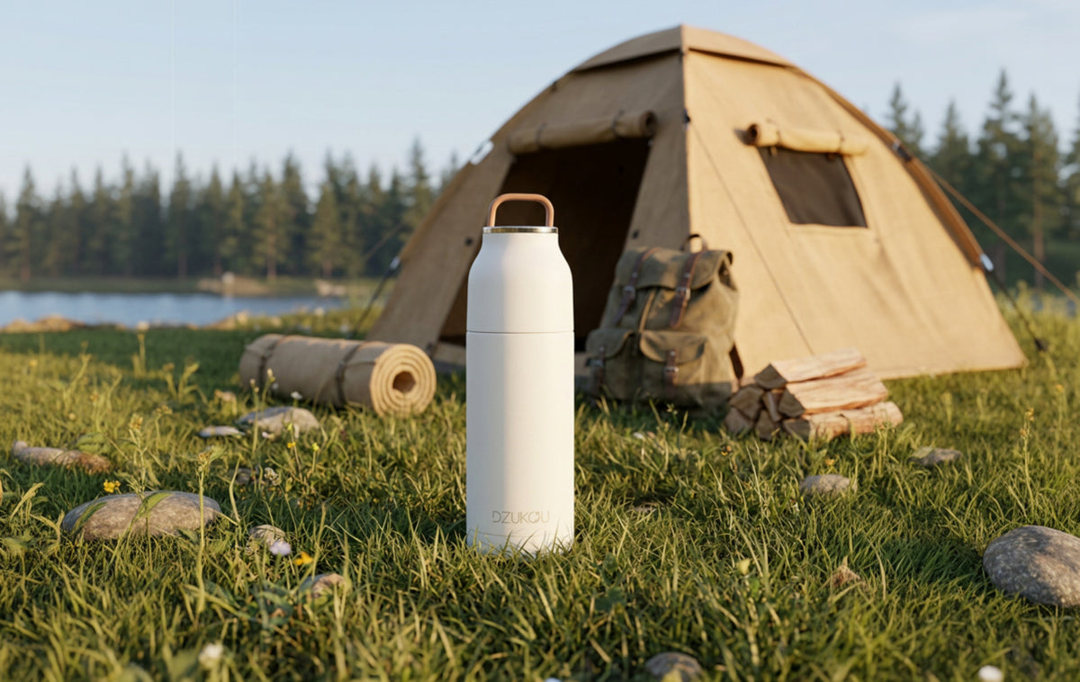 White water bottle on grass with a tent and camping gear in the background