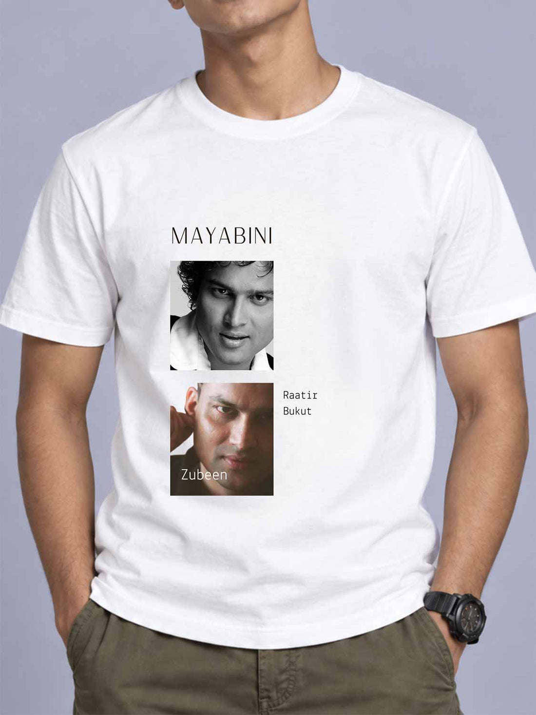 A man wearing a white short-sleeve t-shirt with a graphic print featuring two black-and-white portrait photos and the text &