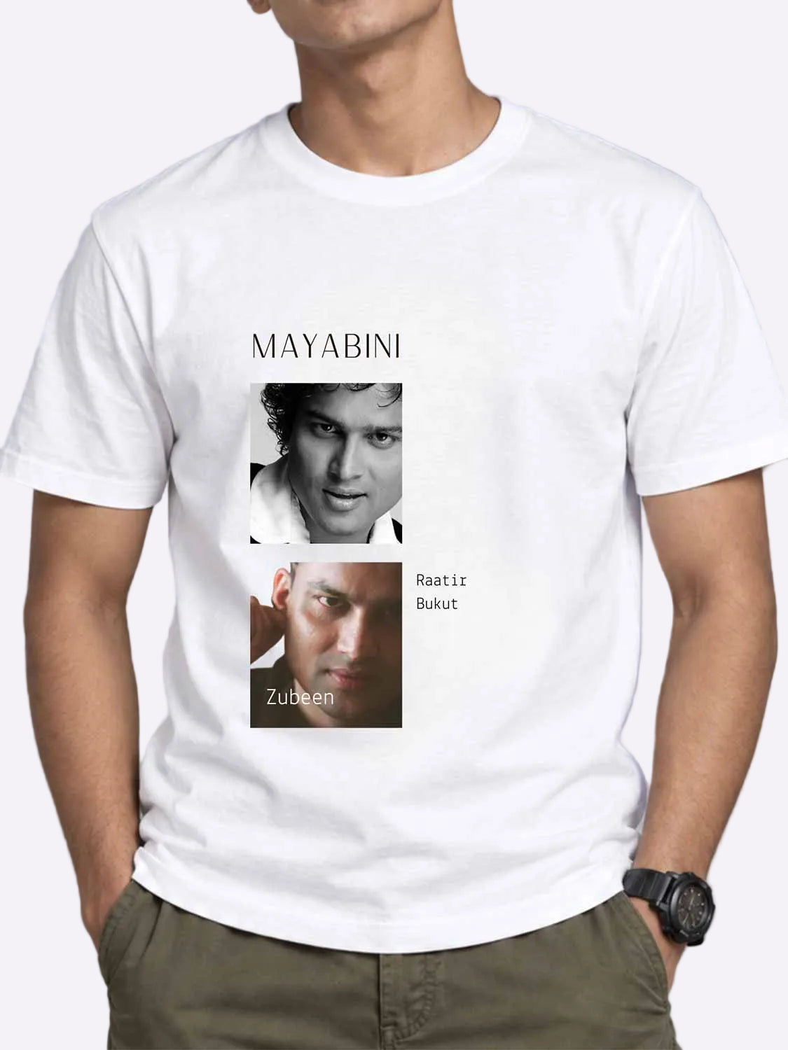 A man wearing a white short-sleeve t-shirt with a graphic print featuring two black-and-white portrait photos and the text &