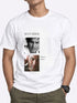 A man wearing a white short-sleeve t-shirt with a graphic print featuring two black-and-white portrait photos and the text &