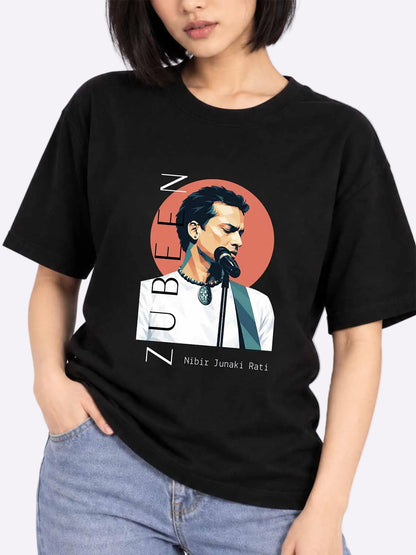 Zubeen Garg “Nibir Junaki Raati” graphic T-shirt in black cotton, view 2 – Dzukou