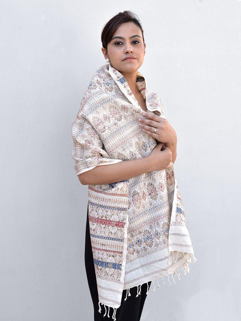 Tribal Tusker - Pure Eri Silk Stole with Blue and Red Muga Patterns