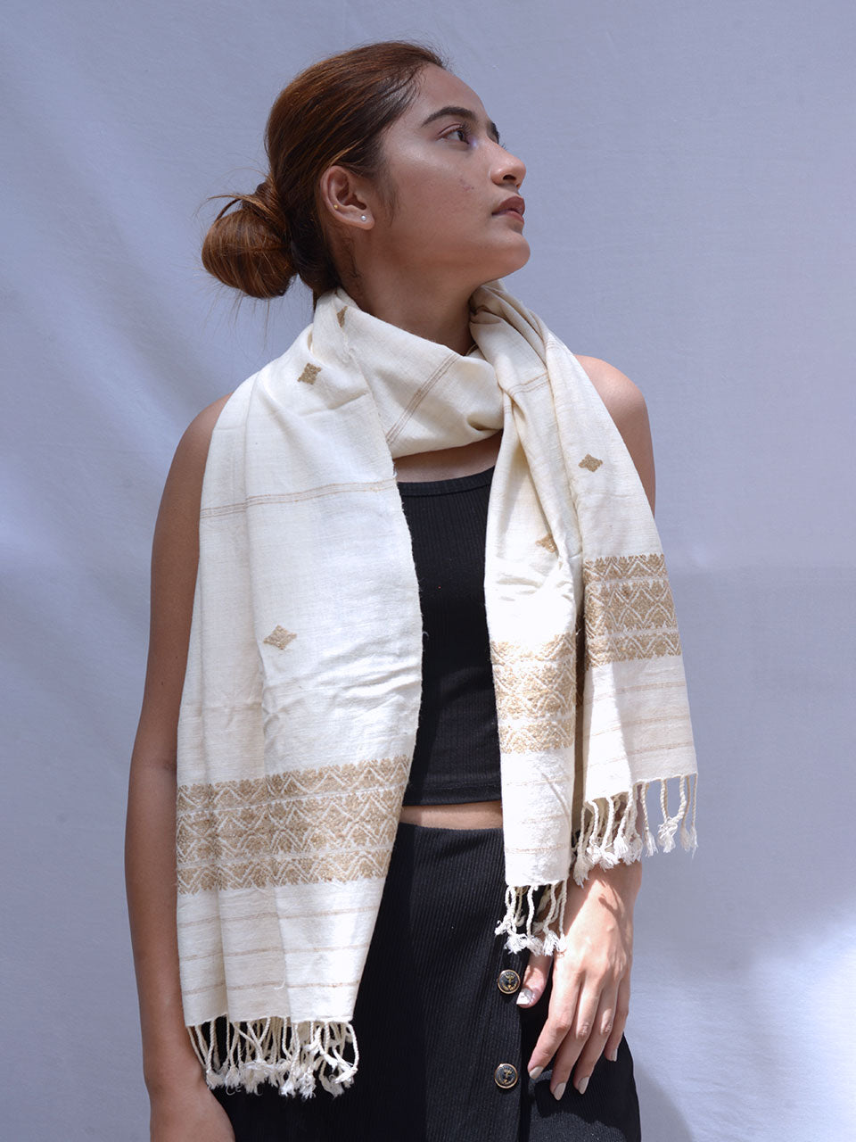 Timeless Silk - White Ghisa Pattern Eri Silk Stole