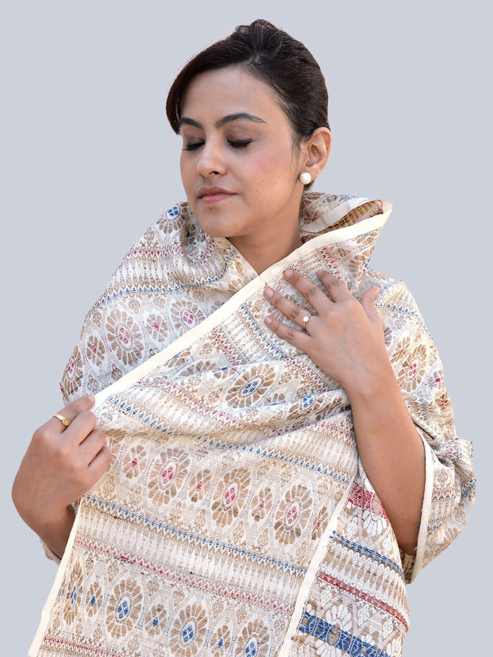 Tribal Tusker - Pure Eri Silk Stole with Blue and Red Muga Patterns