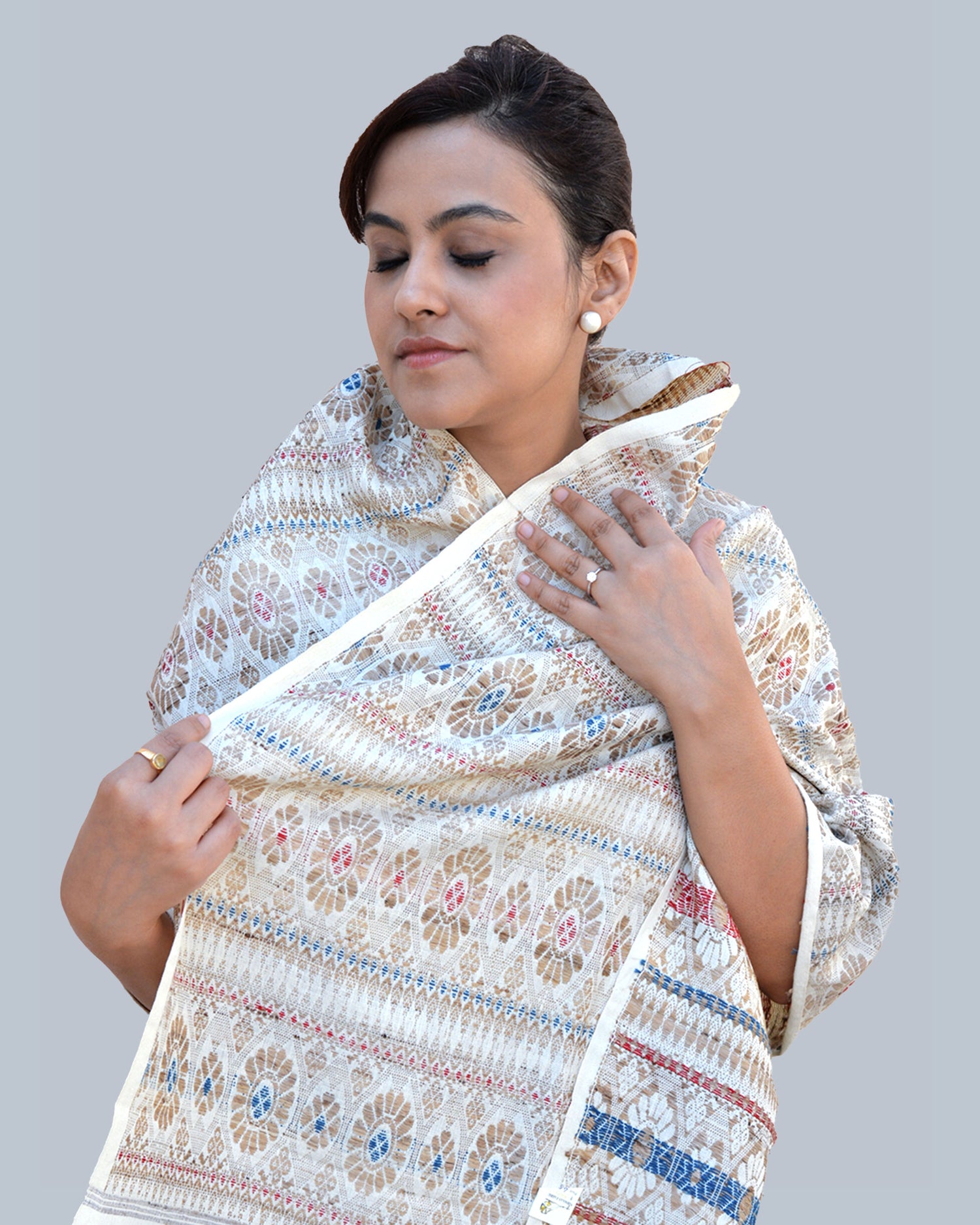 Tribal Tusker - Pure Eri Silk Stole with Blue and Red Muga Patterns