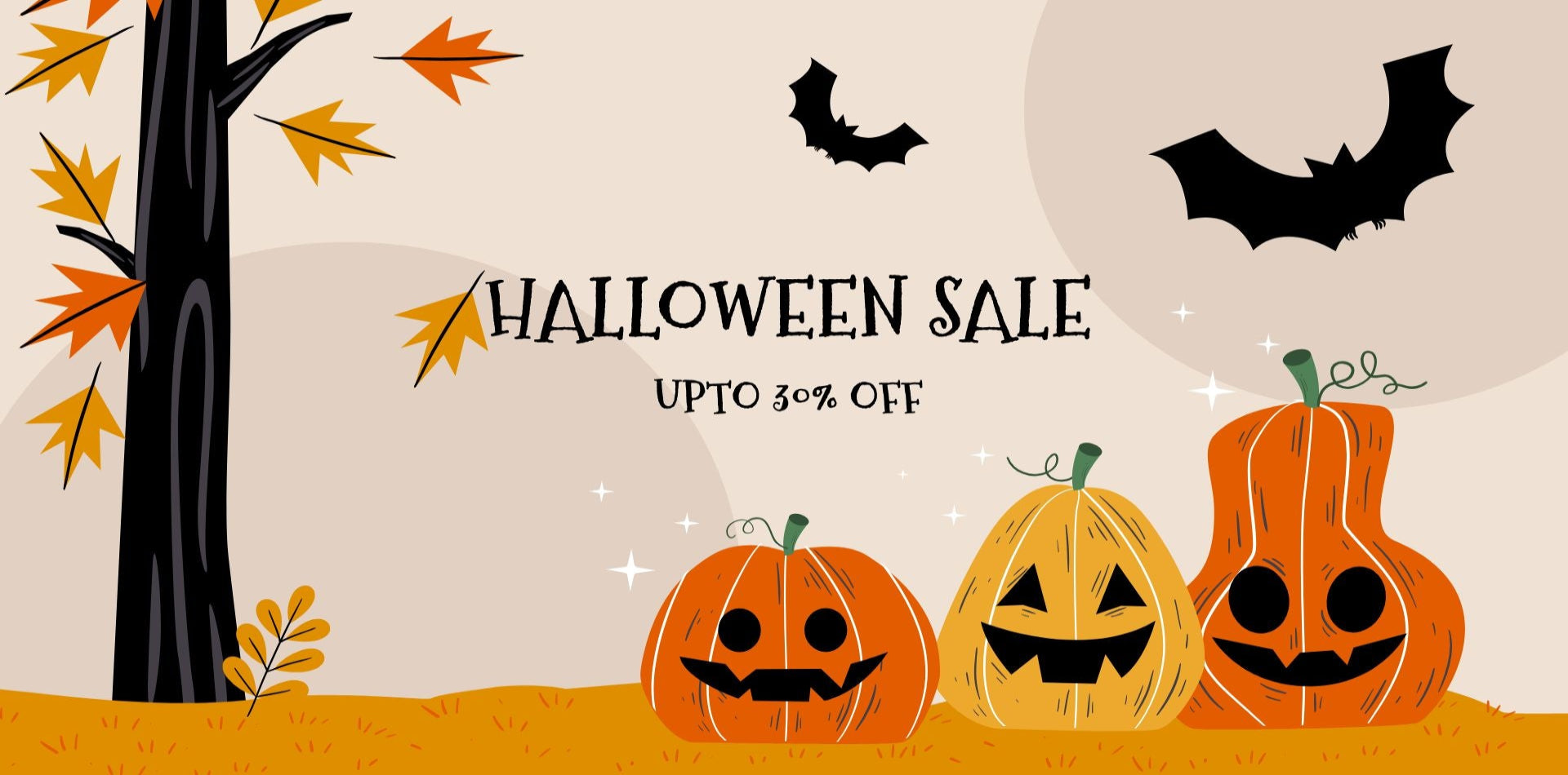 Halloween sale advertisement with pumpkins, bats, and a tree on a beige background.
