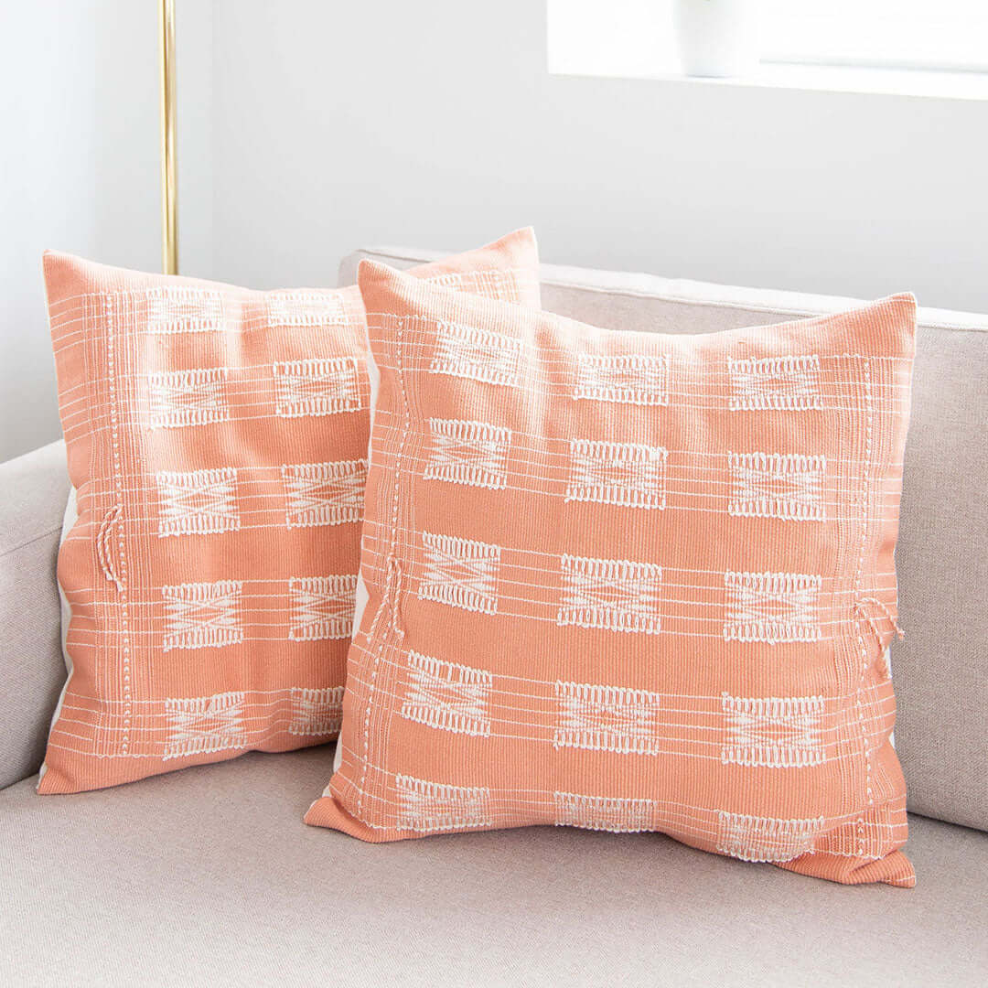 two pink cushions on a sofa