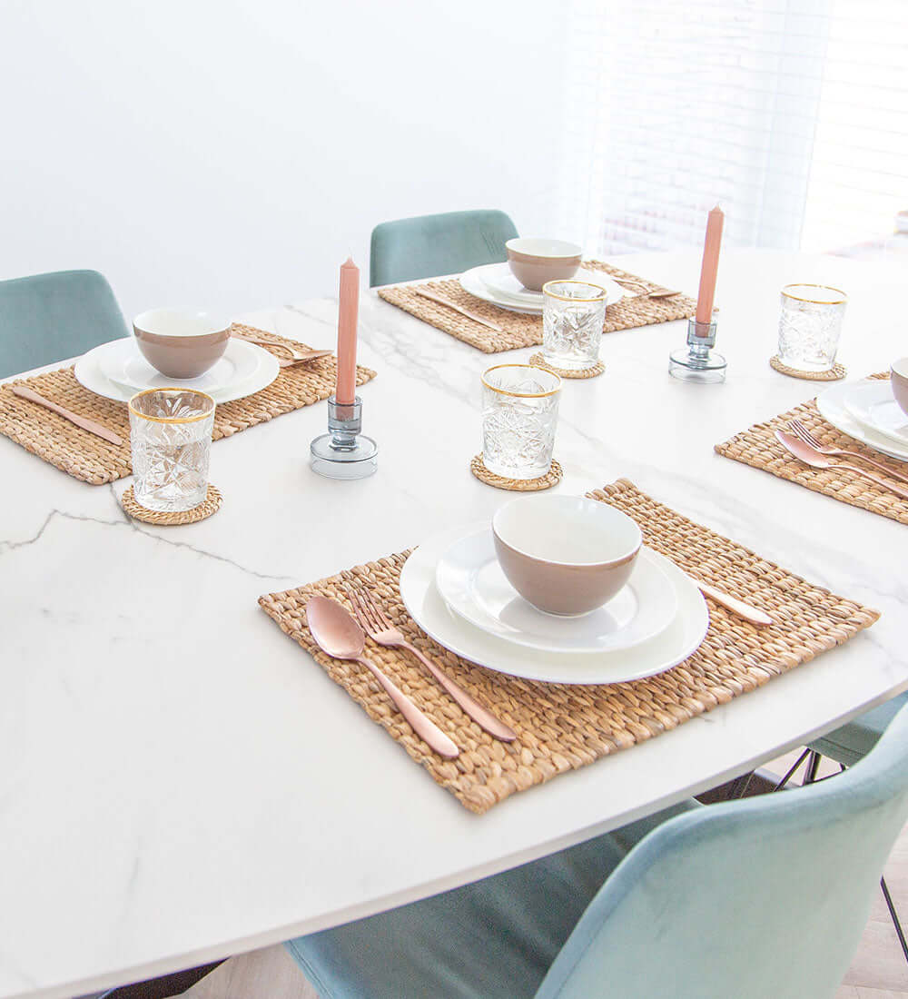 a dining set placed on coasters