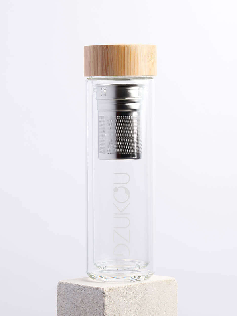 Silver glass tea bottle with bamboo lid